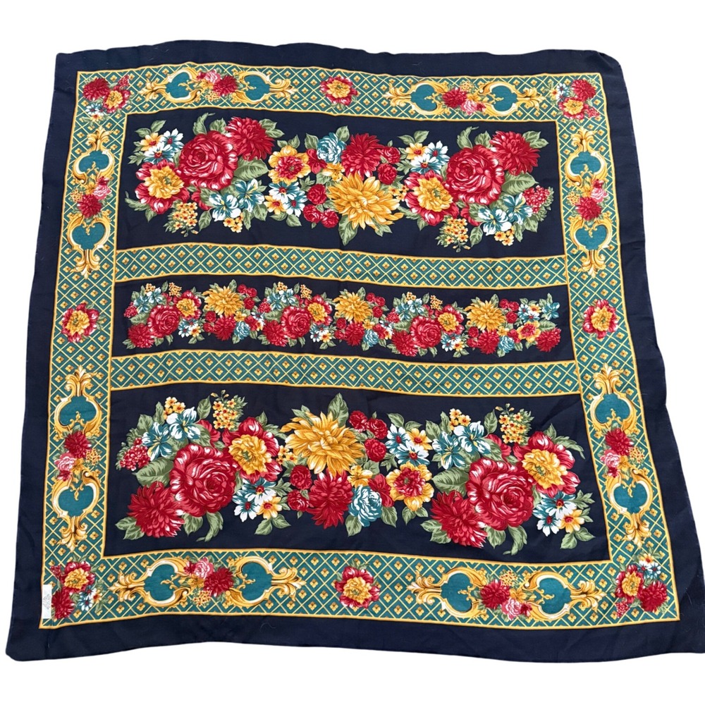 Vintage Italian Polyester Floral Scarf Navy Red Yellow Blue Women's Accessory